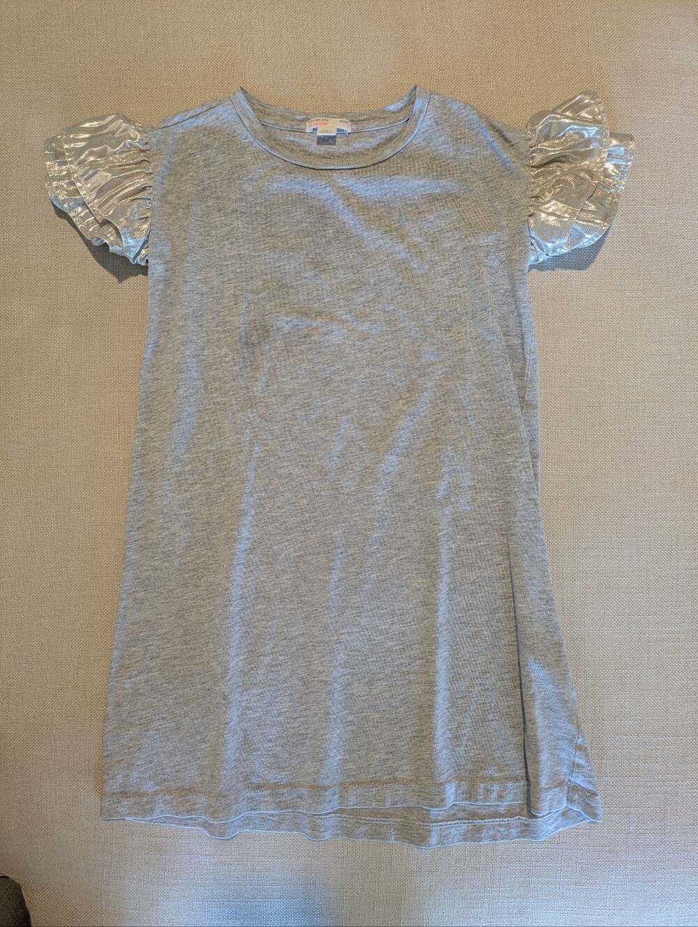 Girls' Gray T-Shirt Dress with Silver Ruffle Sleeves